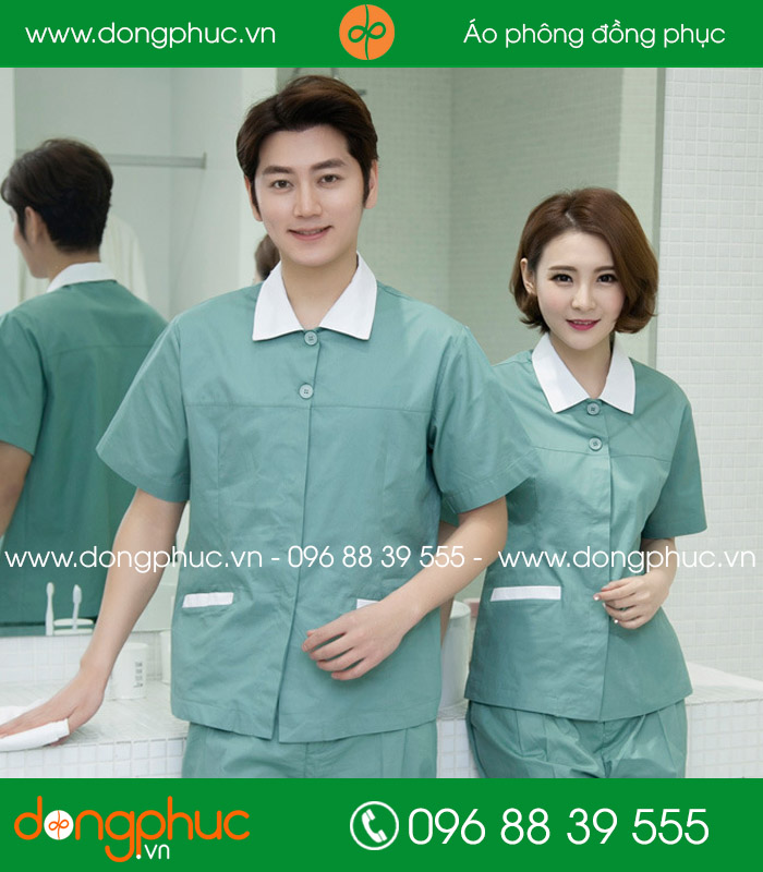đồng phục vệ sinh màu xanh đậm cổ trắng